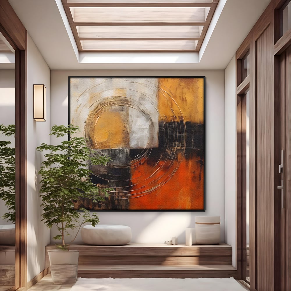 Tablou canvas cu pictura abstracta cu cercuri suprapuse, in rama de aluminiu negru